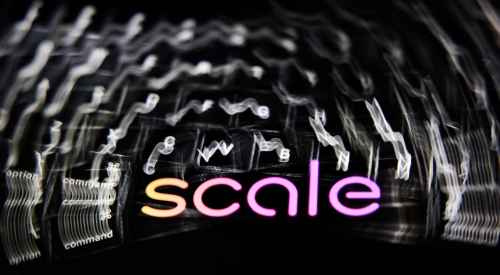 pink and orange Scale logo on blurry computer black keyboard
