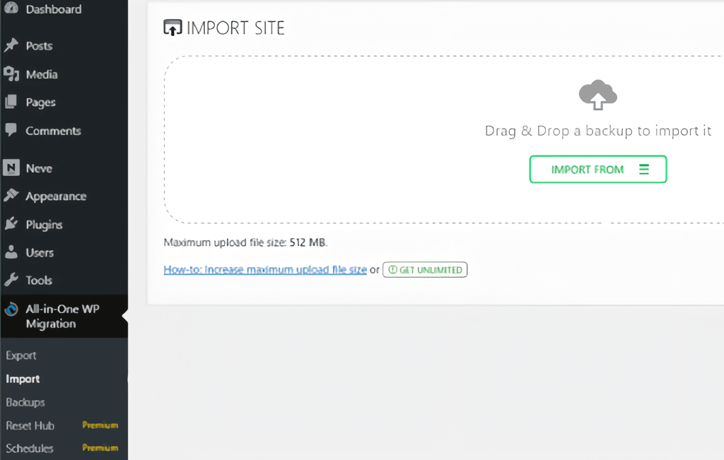 Bluehost All-in-One WP Migration importing a site plugin