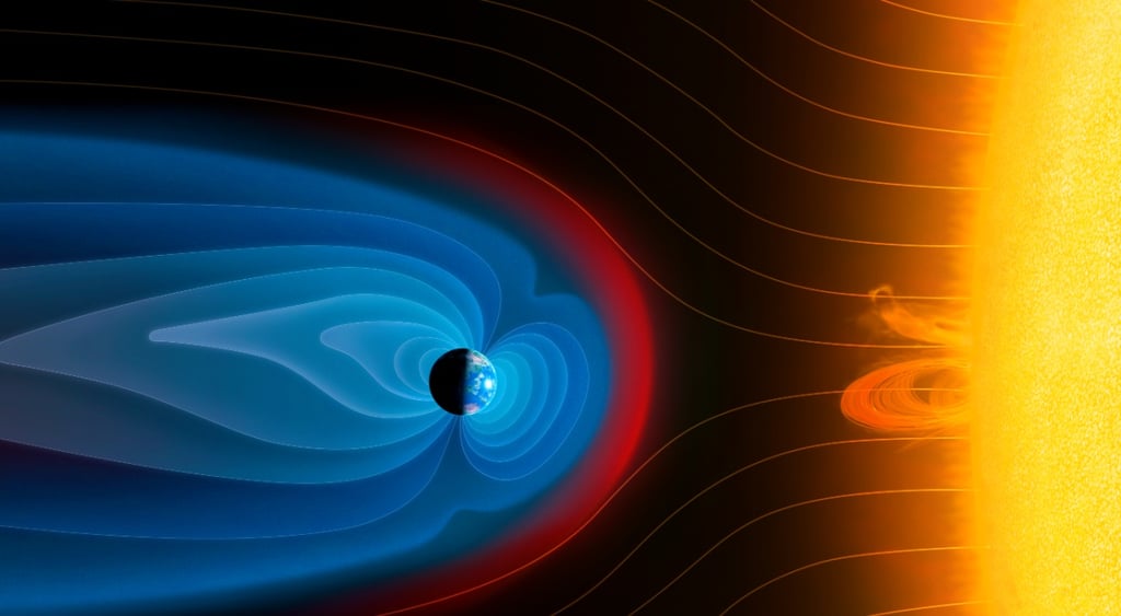 sun on the right in orange cloud, earth on the left in blue cloud