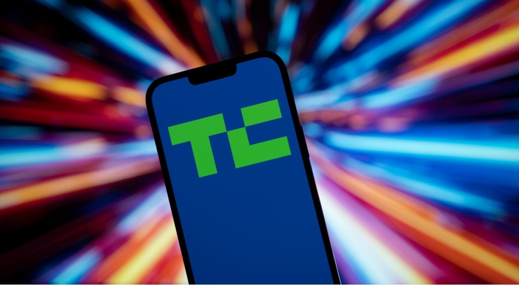 green techcrunch logo in blue background telephone screen