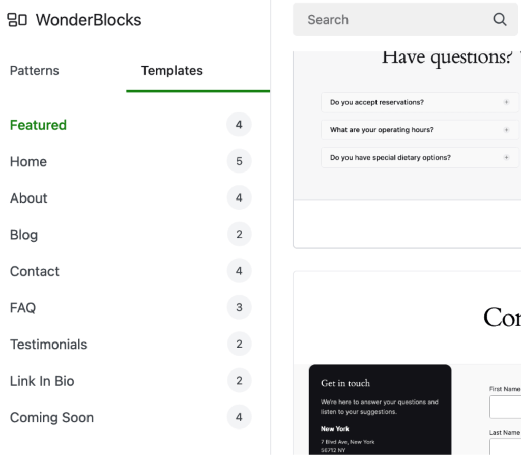 Bluehost WonderBlocks Templates column