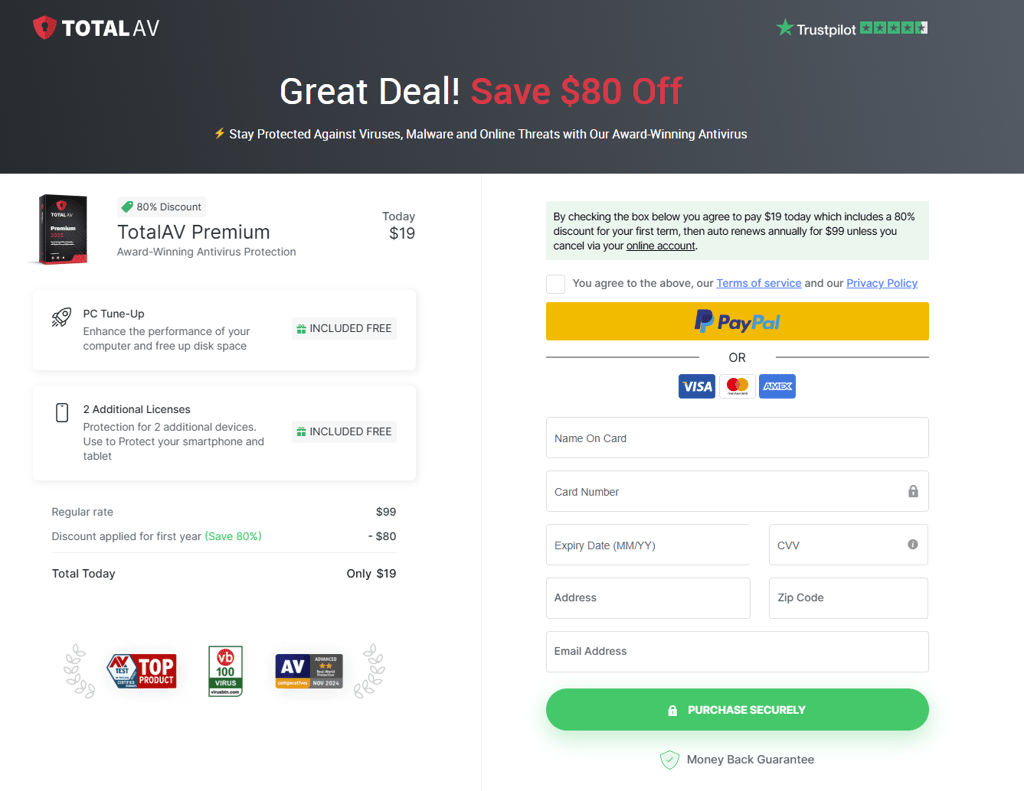 TotalAV checkout with discount applied June 2025