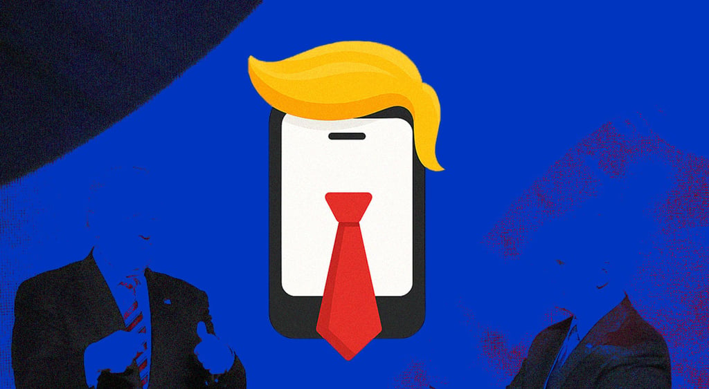 black smartphone with white screen, red tie, and trump yellow hair
