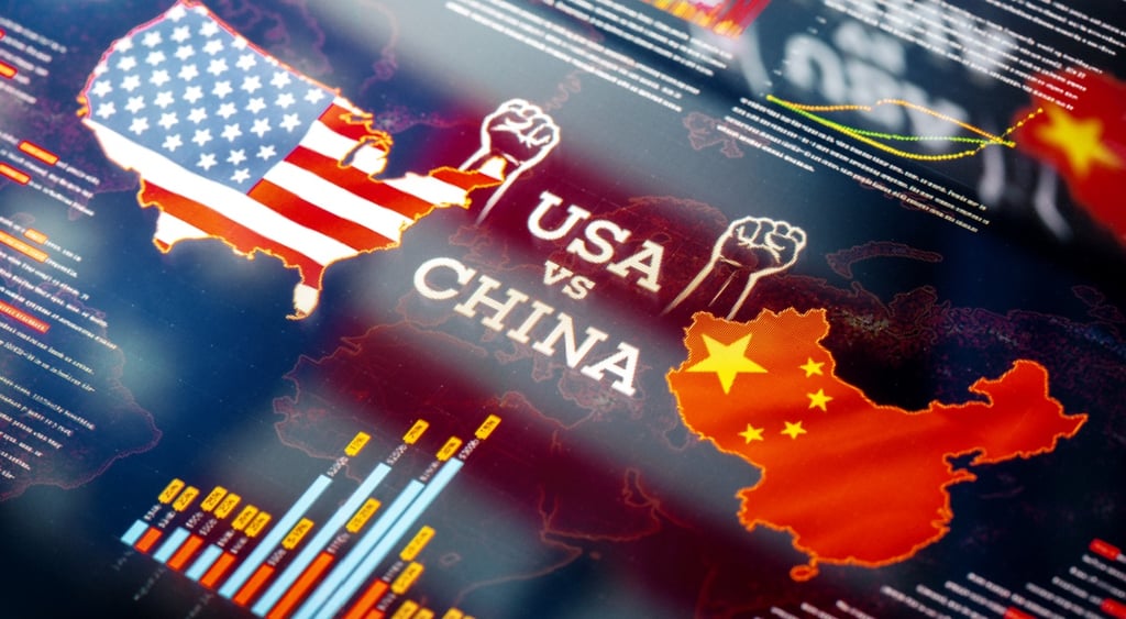 chinas map against usa map with fists up