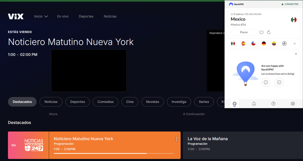 ES Vix while connected to NordVPN mexico
