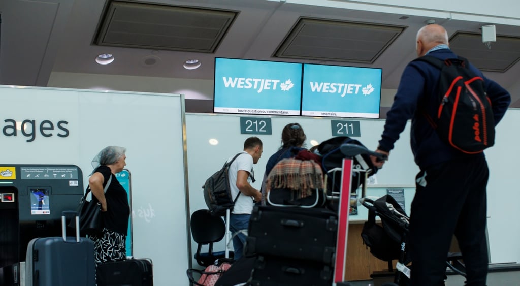 WestJet check in in airport with luggage and people