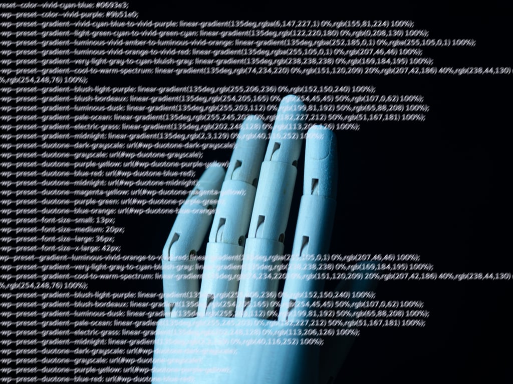 wooden hand in blue light, covered in data, numbers, lists