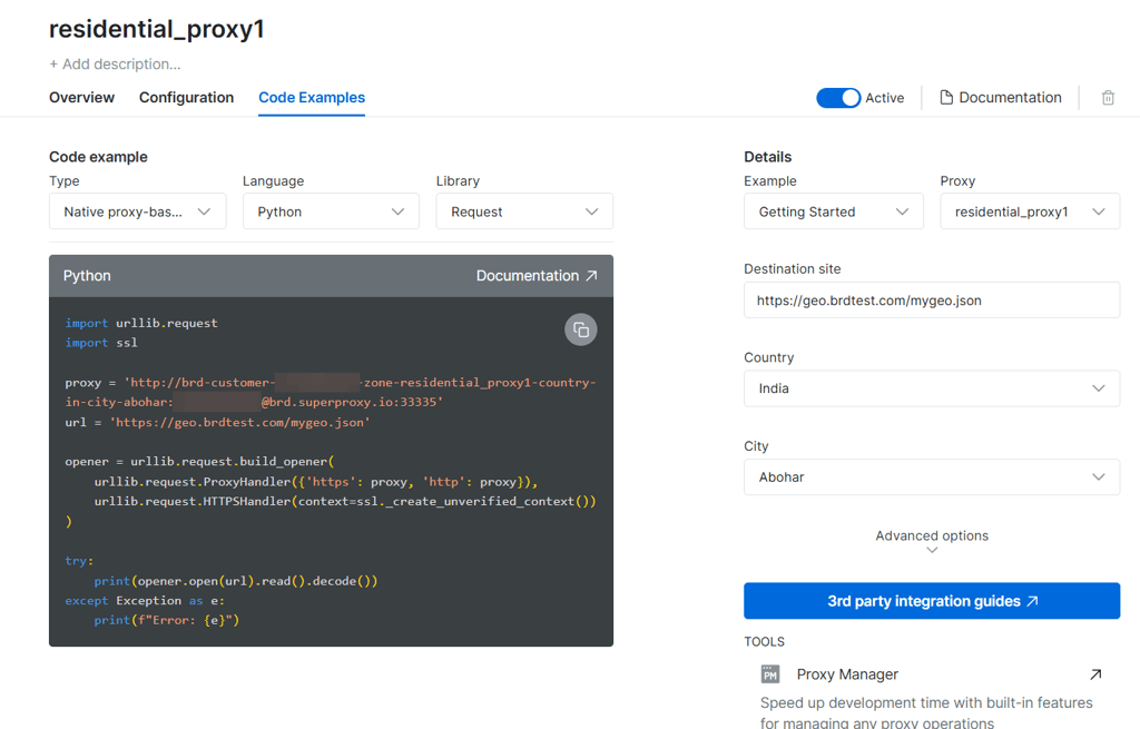 Bright Data setup dashboard