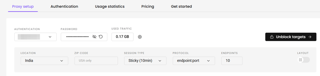 Decodo Proxy setup dashboard