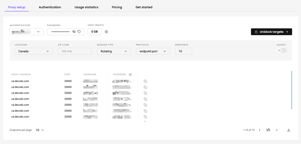 Decodo’s Proxy setup dashboard