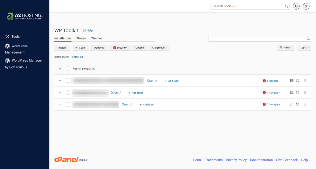 hosting.com WP toolkit interface