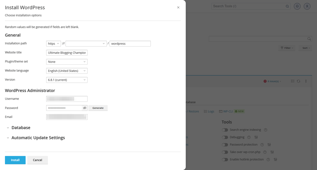 hosting.com installing a wordpress site