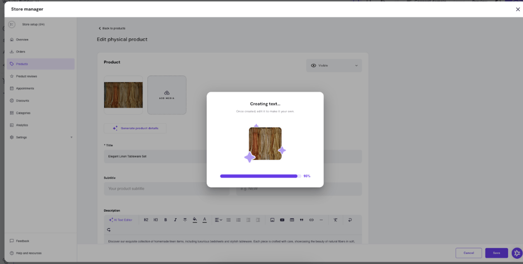 Hostinger Website Builder’s AI text generator creating text for a product