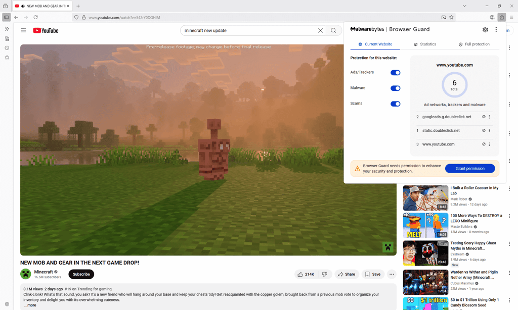 Watching YouTube without ads with Malwarebytes Browser Guard