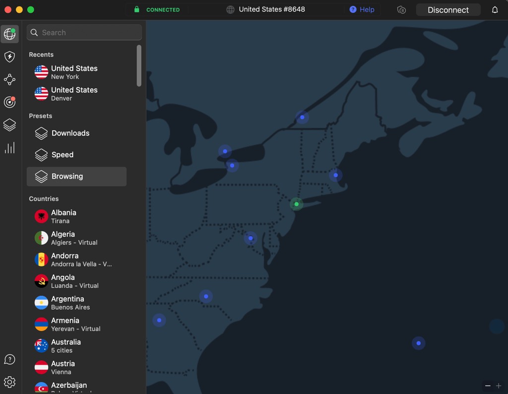 NordVPN connected to ny servers