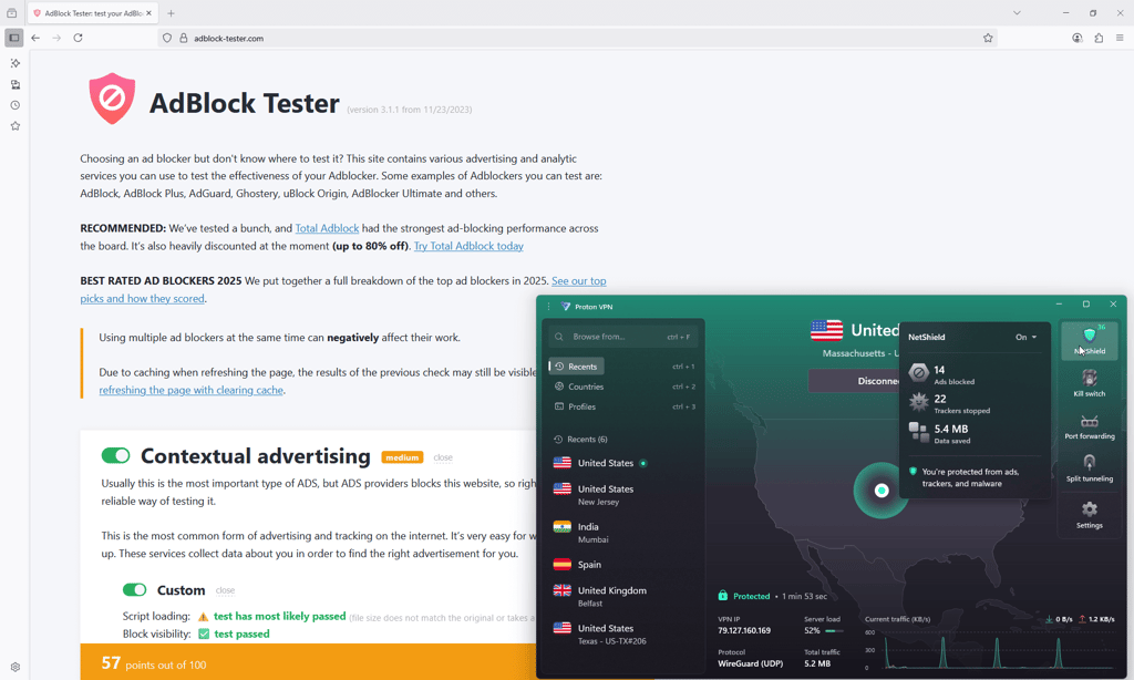 Testing Proton VPN NetShield with AdBlock Tester