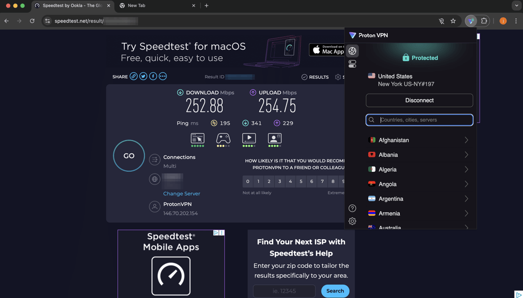 Speed test results using the Proton VPN Chrome extension