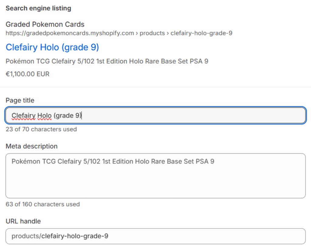 Shopify’s SEO listing editor interface