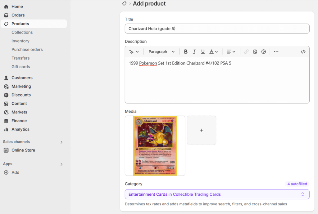 Shopify product listing interface