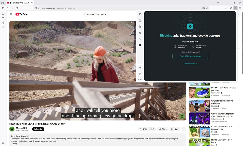 Watching YouTube with Surfshark CleanWeb enabled