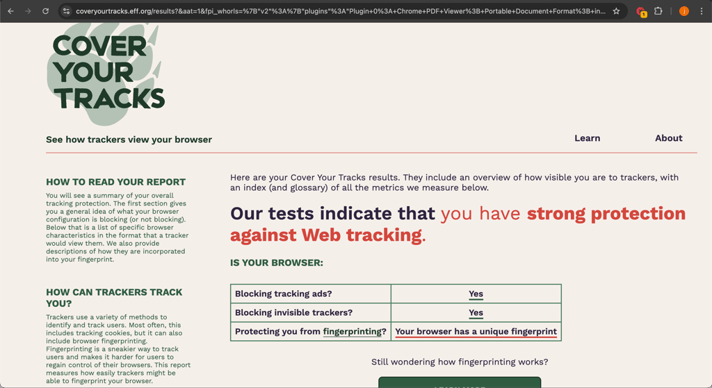Total Adblock tested on Cover Your Tracks