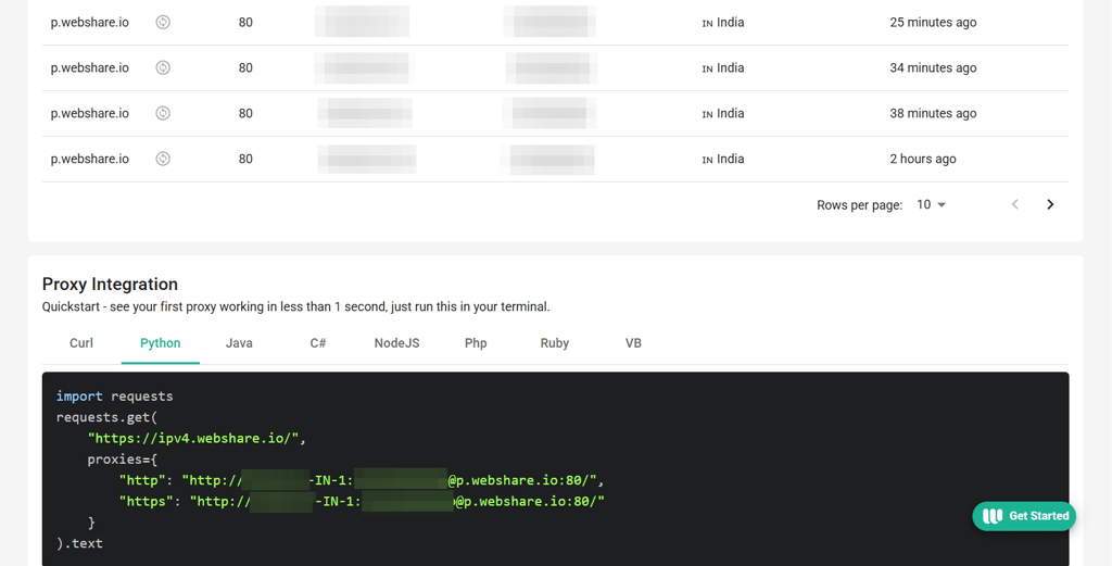Webshare Proxy Integration dashboard