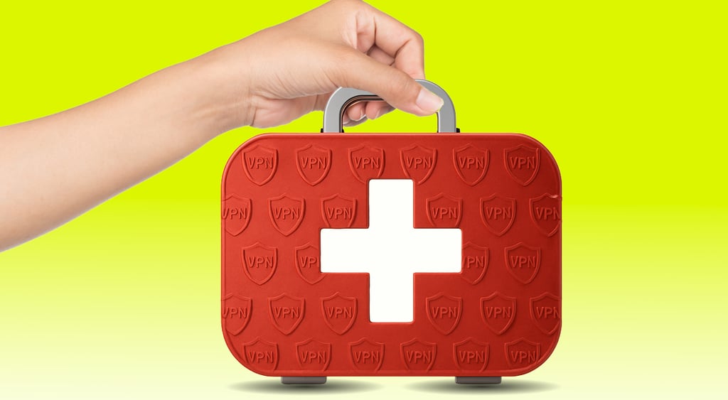 red doctors emergency kit with VPN shields, yellow background