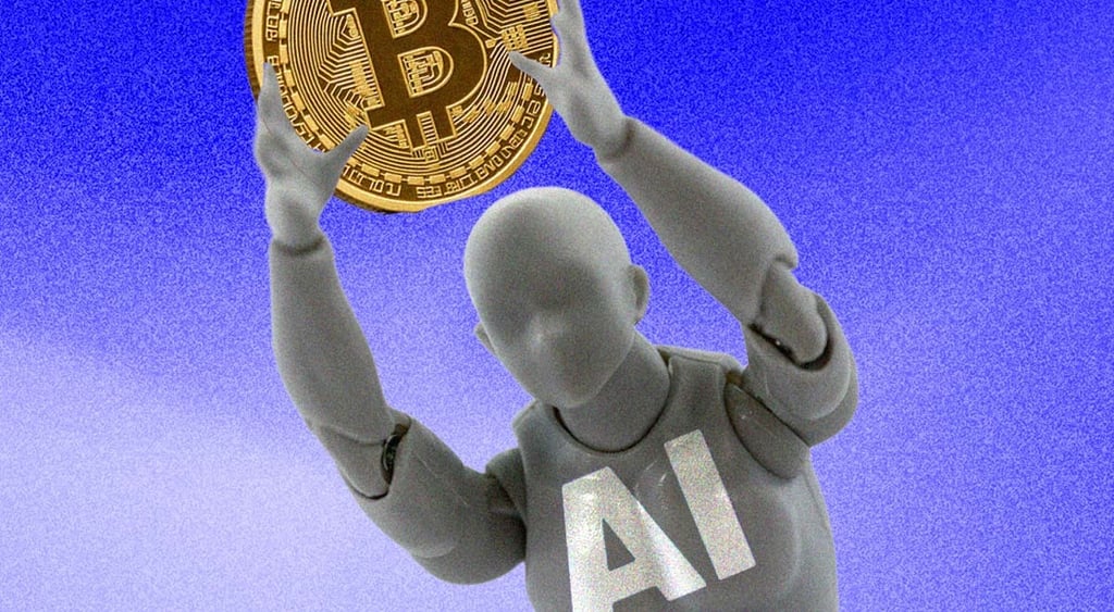 gray AI robot holding a bitcoin above the head, blue background
