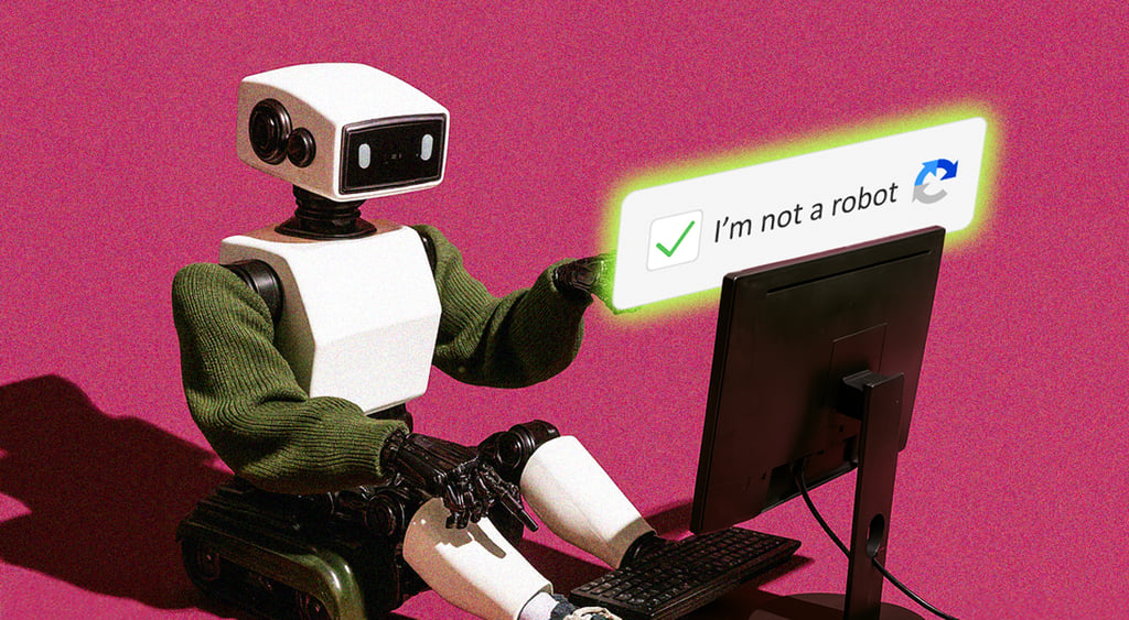 A robot sitting using a computer; CAPTCHA; bot verification