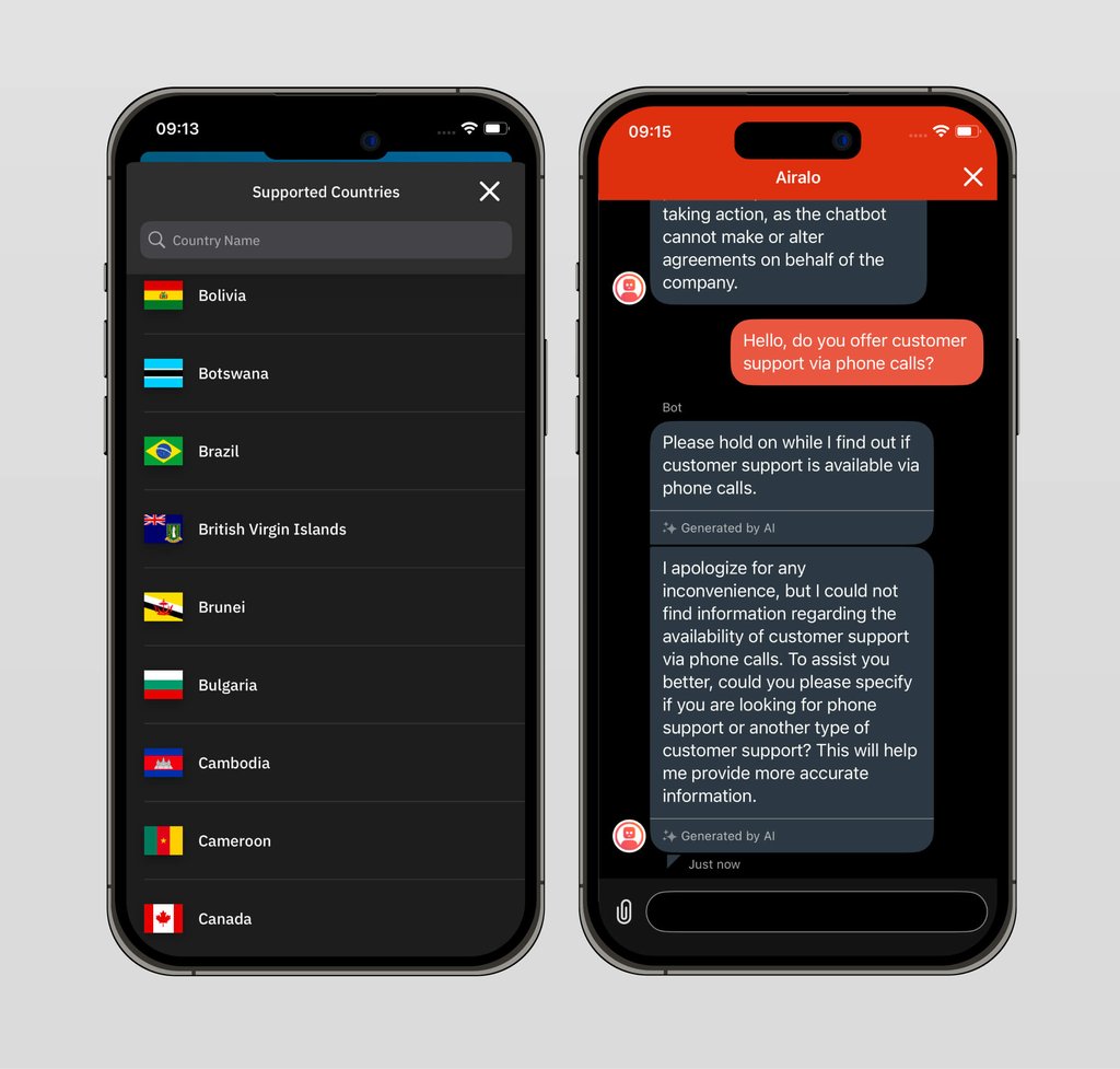 Available countries list and chat window with support team displayed on iOS