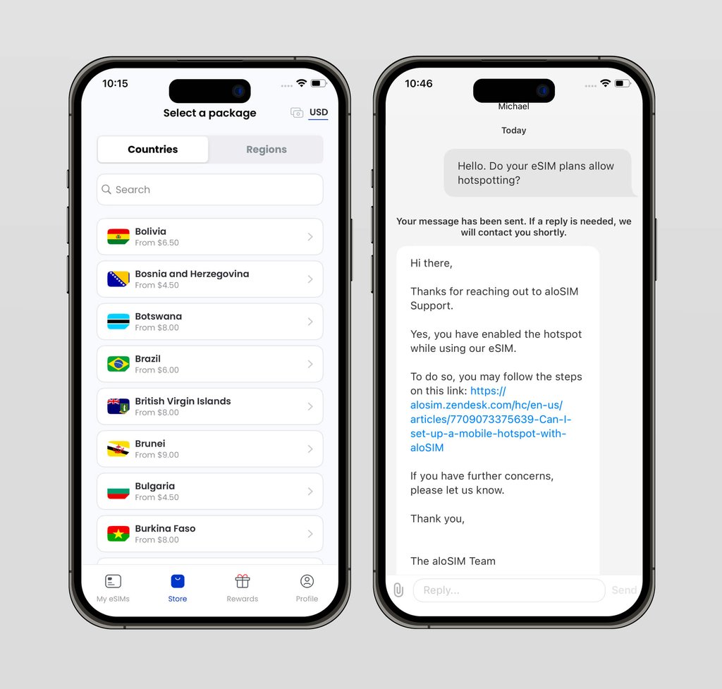 Available countries list and chat window with support team displayed on iOS