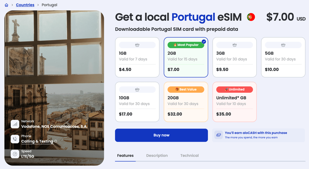 aloSIM eSIM data plans for Portugal