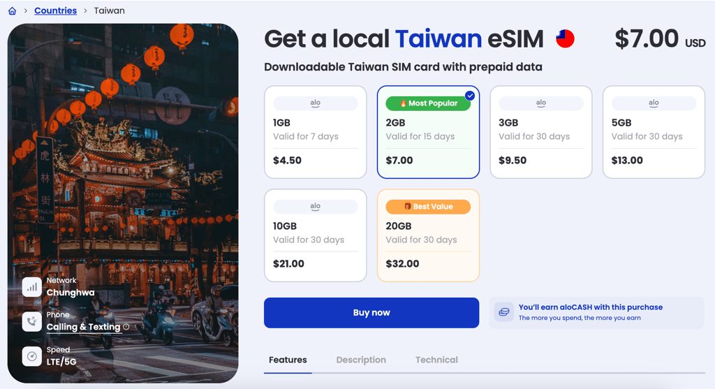 aloSIM eSIM data plans for Taiwan