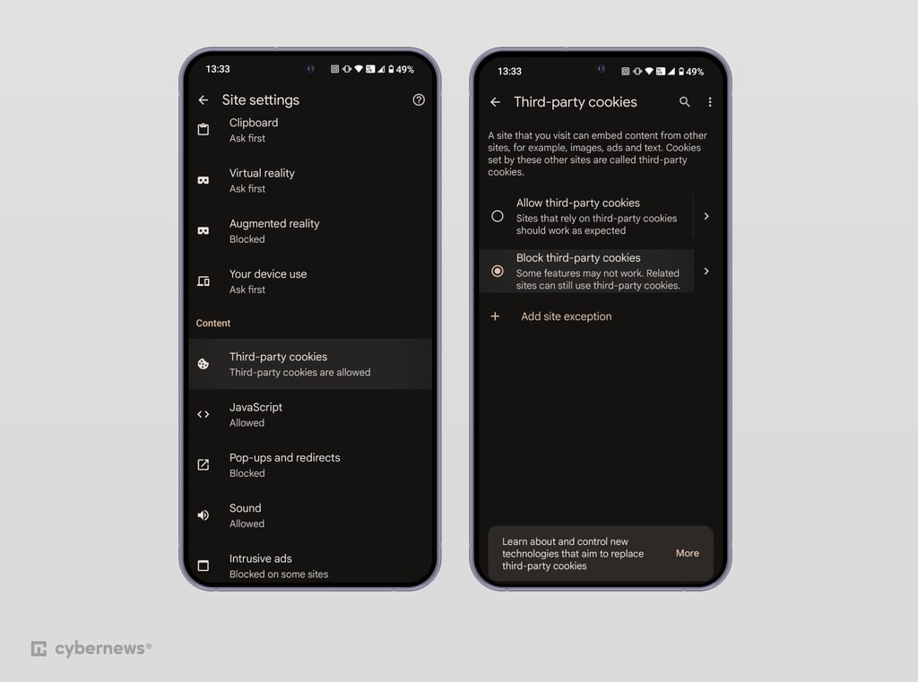 Android Chrome cookies settings