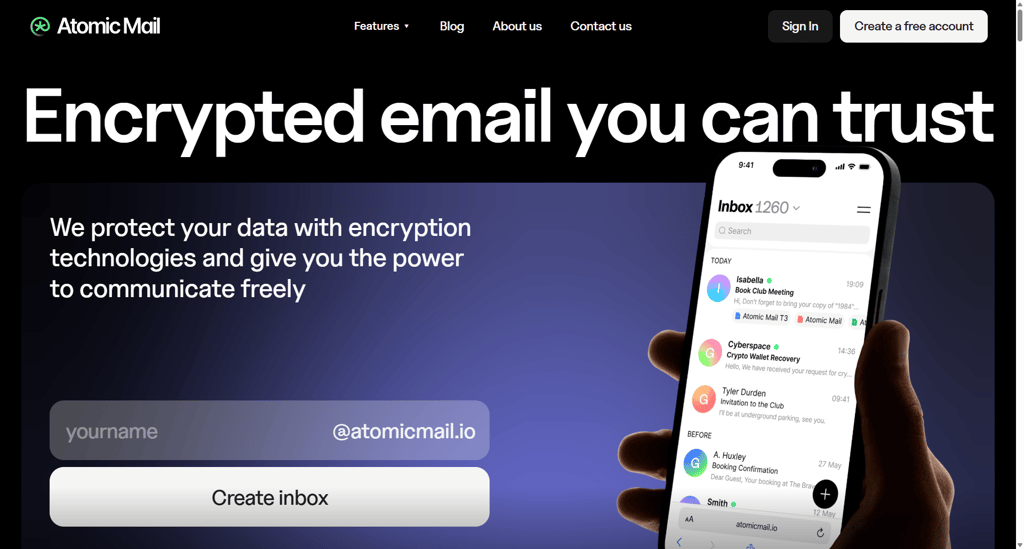 atomic mail create account page