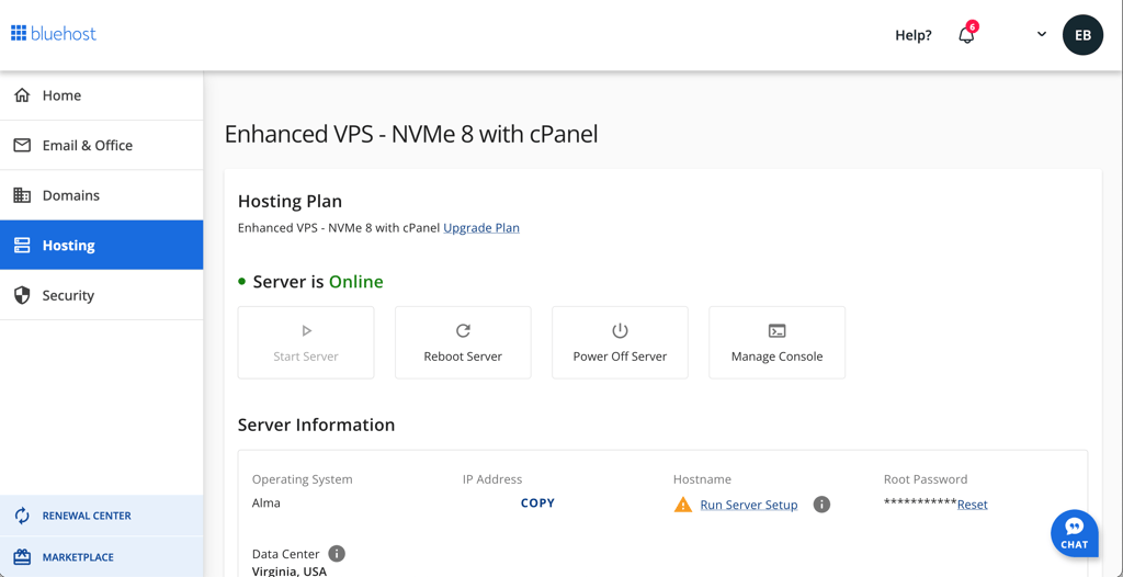 Bluehost VPS management panel