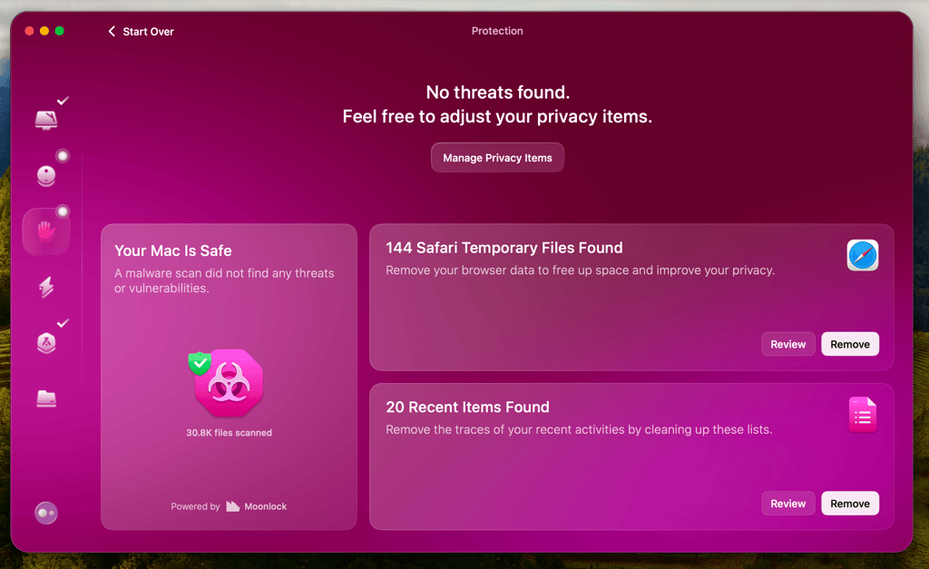 CleanMyMac privacy protection scan results
