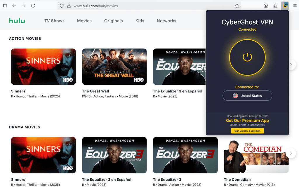 Hulu unblocked using the CyberGhost VPN free Firefox extension
