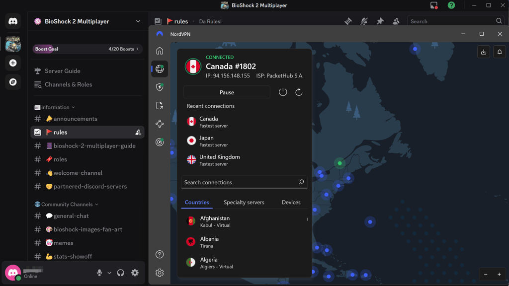 Mengakses Discord dengan NordVPN melalui pelayan di Kanada