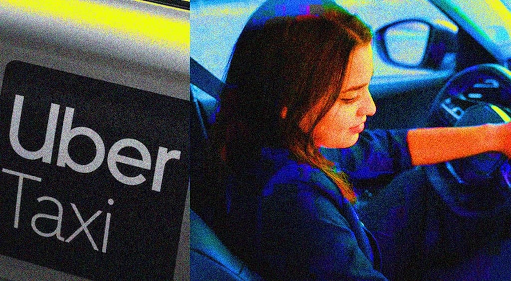 brunette in blue driving a car, Uber Taxi logo
