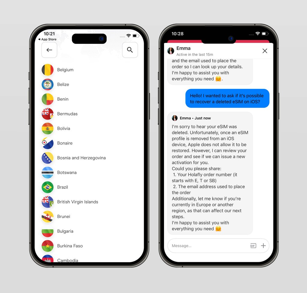 Available countries list and chat window with support team displayed on iOS