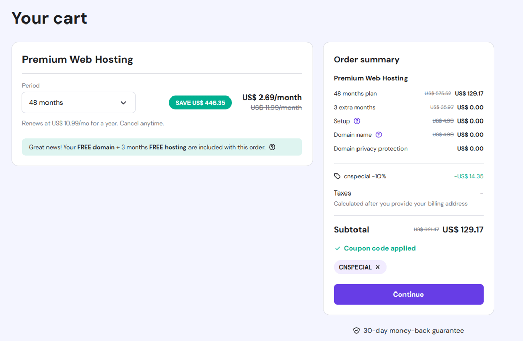 Hostinger cart and check out