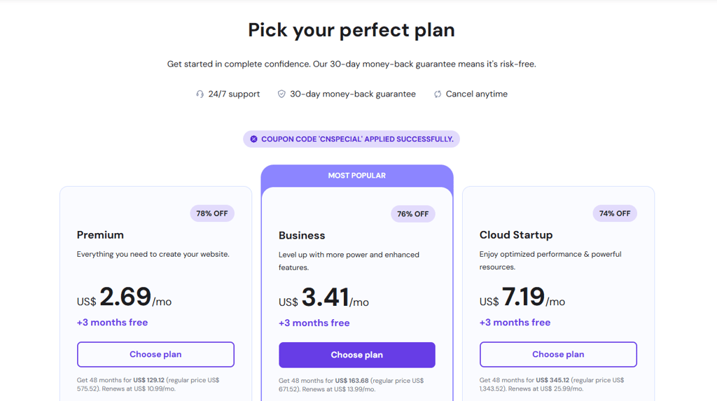 Hostinger plans and pricing with discount