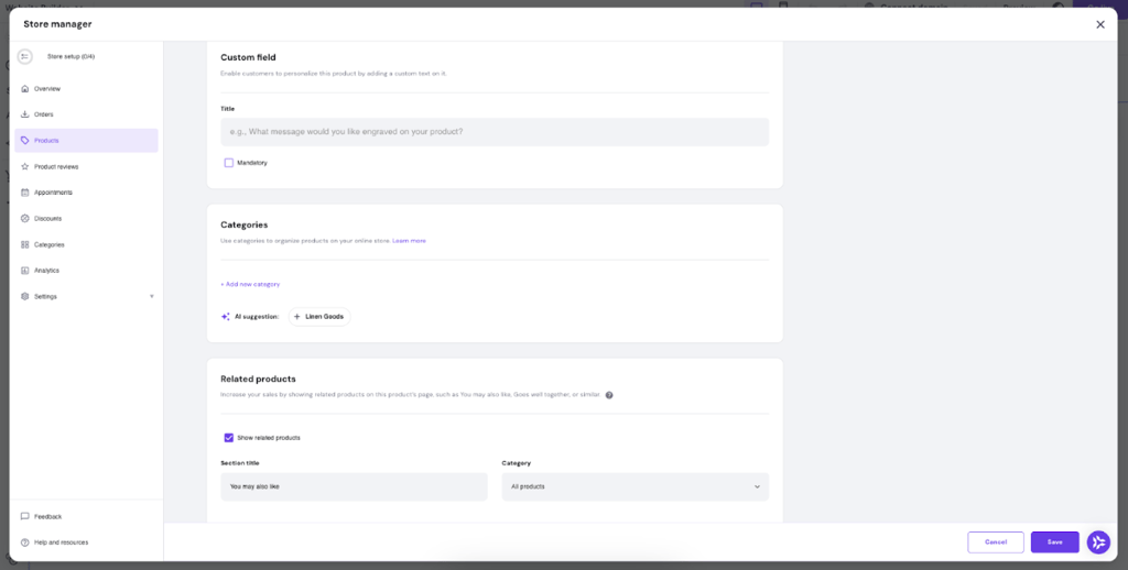 Hostinger Website Builder’s Product management options