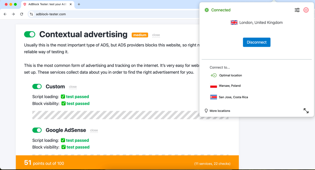 IPVanish AdBlock Tester results