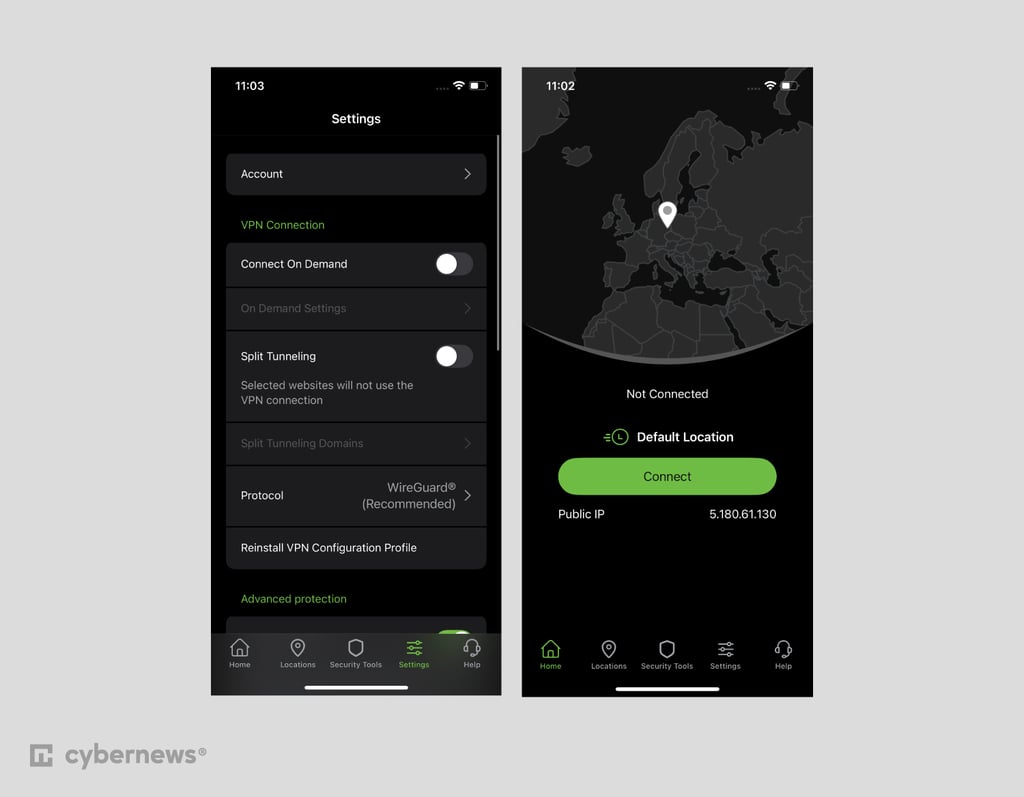 IPVanish mobile app interface