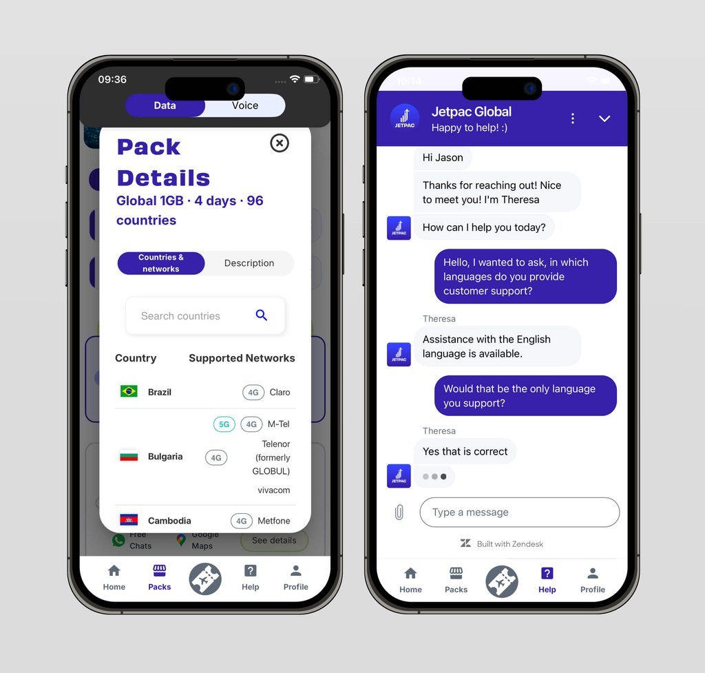 Available countries list and chat window with support team displayed on iOS