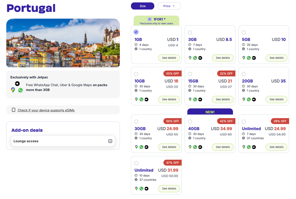 Jetpac eSIM plans for Portugal