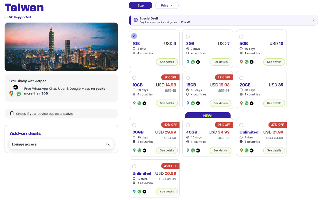 Jetpac eSIM data plans for Taiwan