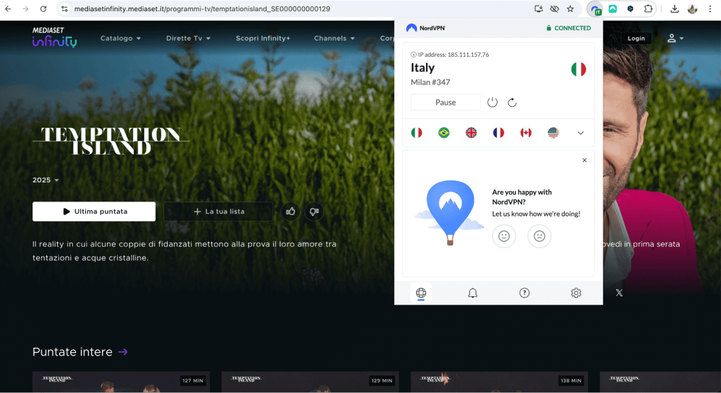 Mediaset connected to NordVPN